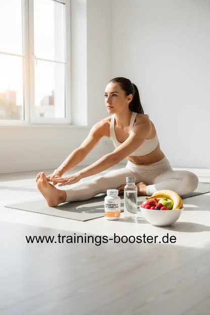 Frau beim Dehnen auf einer Yogamatte mit Nahrungsergänzungsmitteln, Wasser und Obst.