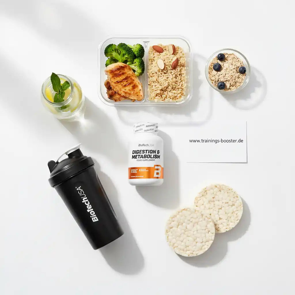 Gesunde Mahlzeit mit Hähnchen, Brokkoli, Haferflocken, Reiswaffeln und BioTechUSA Nahrungsergänzungsmittel