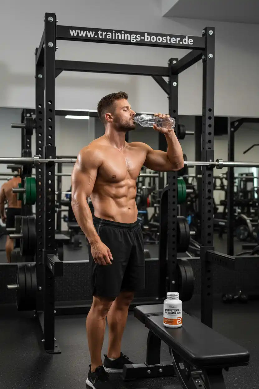Muskulöser Mann trinkt Wasser im Fitnessstudio neben einer Dose Nahrungsergänzungsmittel.