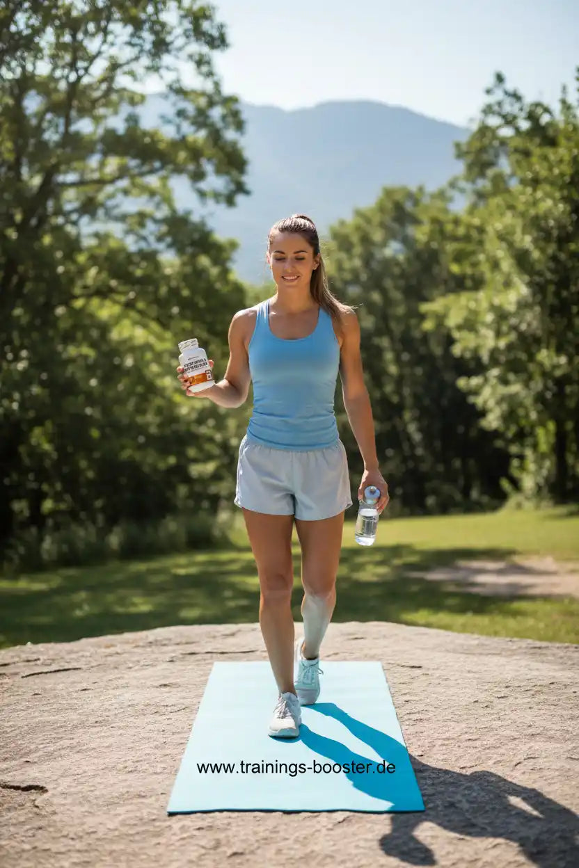 Sportliche Frau in Fitnesskleidung mit Nahrungsergänzungsmittel und Wasser im Freien