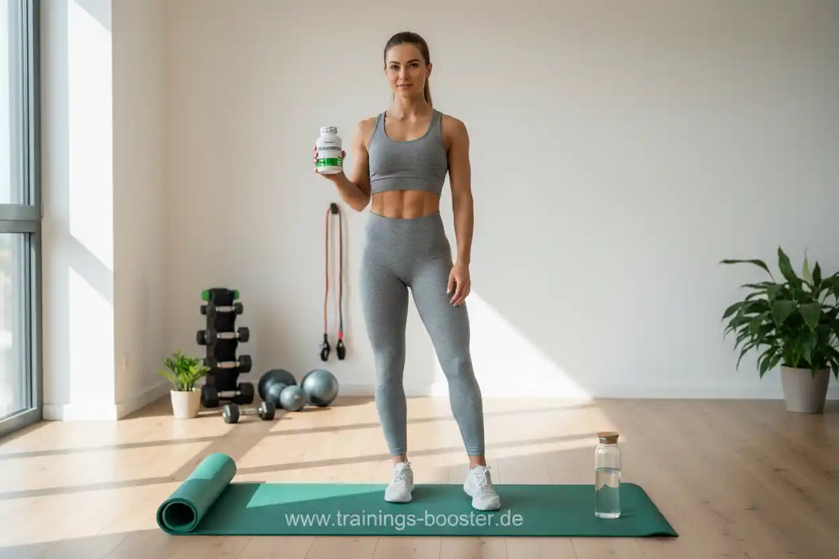 Frau mit Sportnahrung und Fitnessmatte im Home-Gym, ideal für Training und Booster-Ergänzung