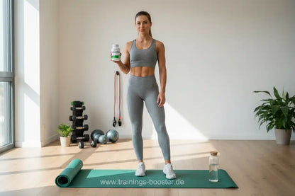 Frau mit Sportnahrung und Fitnessmatte im Home-Gym, ideal für Training und Booster-Ergänzung