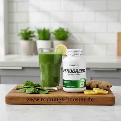 Fenugreek Nahrungsergänzungsmittel mit grünem Smoothie, Spinat und Zitrone auf Holzbrett