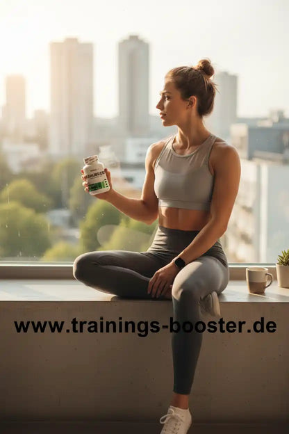 Frau mit Sportnahrung und Fatburner vor Stadtpanorama, ideal für Training und Fitness