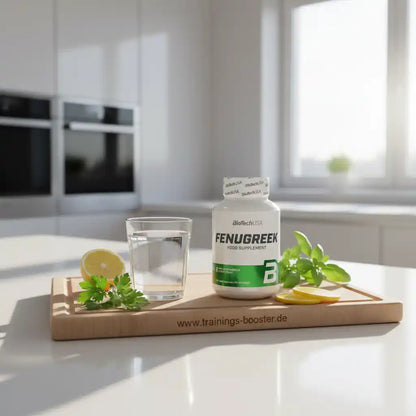 Fenugreek Nahrungsergänzungsmittel von BioTechUSA mit Wasser und Zitrone auf Holzbrett