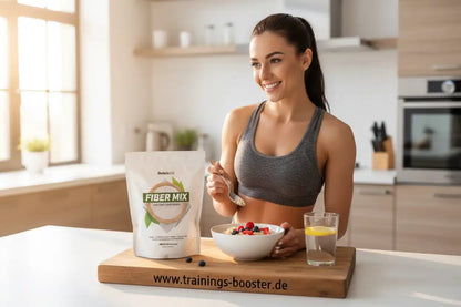 Frau mit Fiber Mix und Beerenbowl in der Küche, ideal für Sportnahrung und Booster