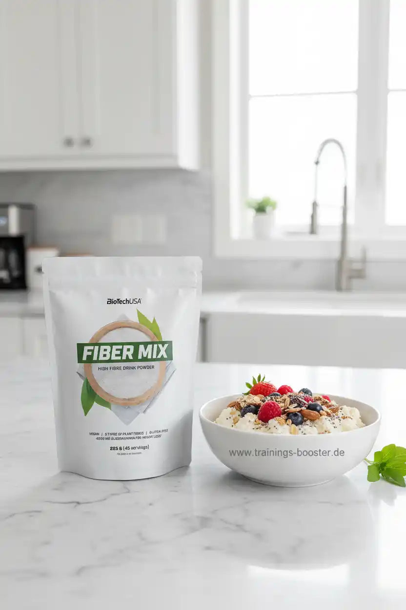 BioTechUSA Fiber Mix High Fibre Drink Powder neben Müslischale mit Beeren und Nüssen in moderner Küche