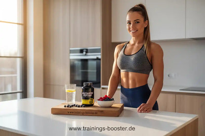 Frau mit Glutamin-Peptid-Booster und Beeren in moderner Küche