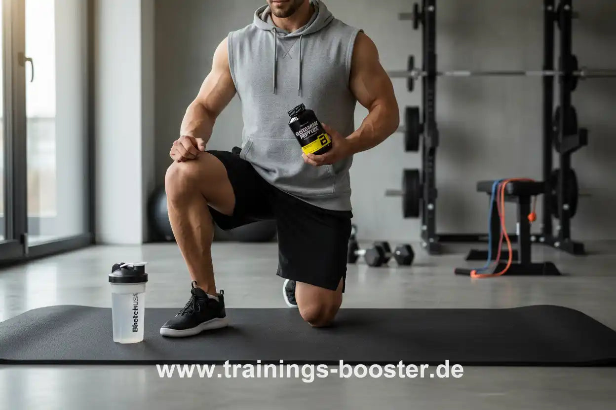 Muskulöser Mann mit Trainingsbooster und Shaker im Fitnessstudio