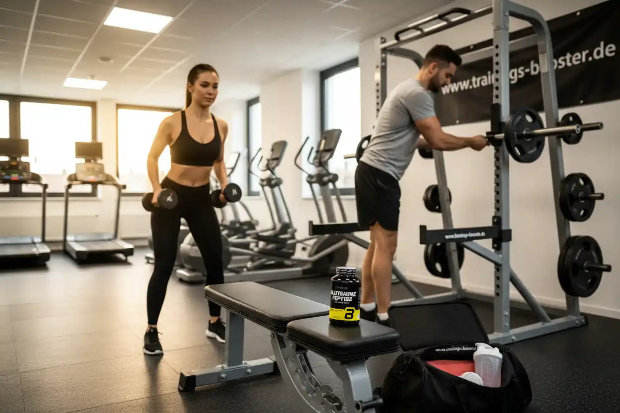 Frau und Mann trainieren im Fitnessstudio mit Hanteln und Gewichten, Nahrungsergänzungsmittel im Vordergrund