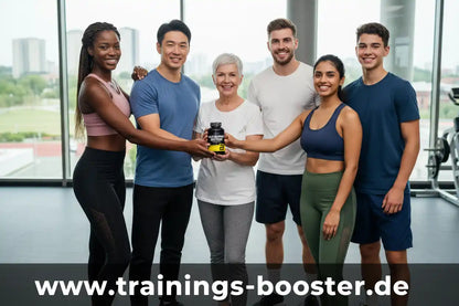 Gruppe mit Sportnahrung-Booster in modernem Fitnessstudio