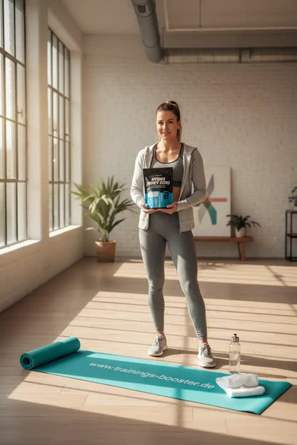 Frau mit Hydro Whey Zero Proteinpulver vor Fitnessmatte – ideal für Training & Muskelaufbau
