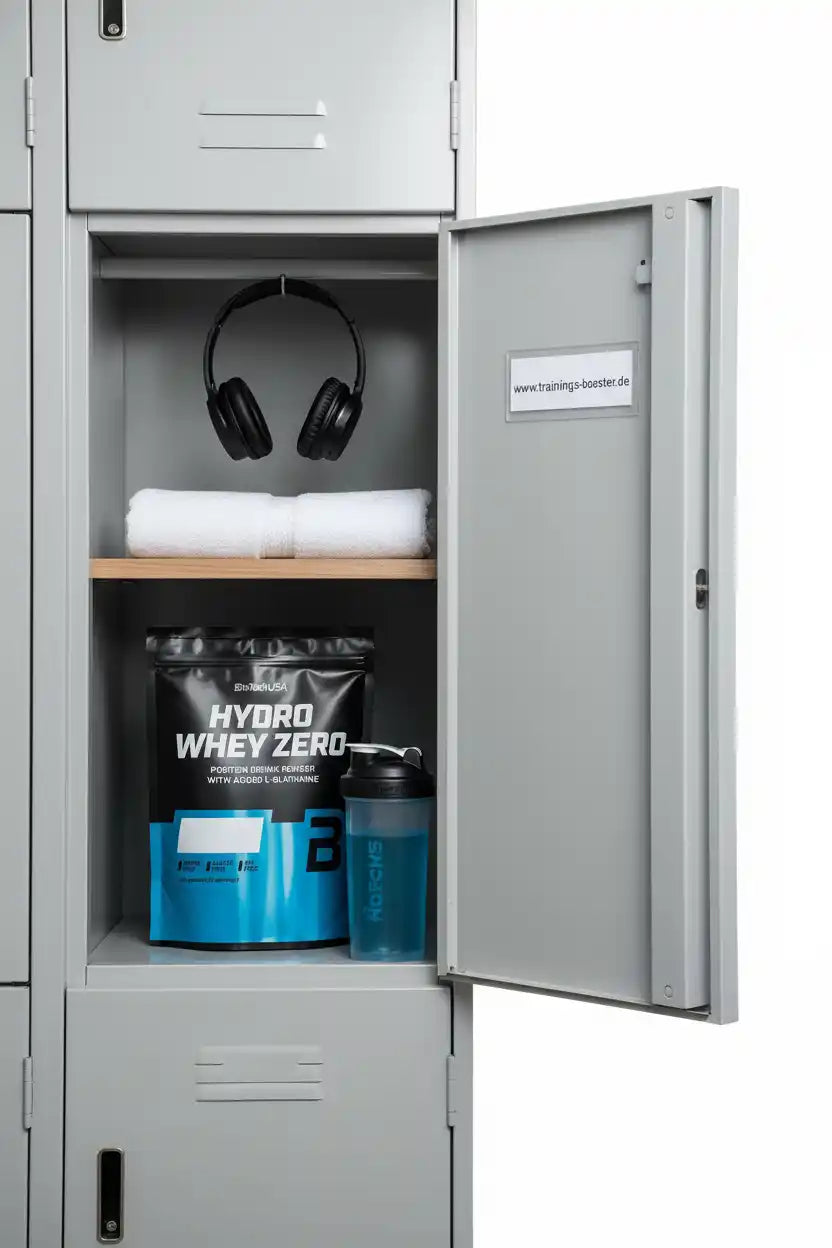 Sportnahrung im Spind: Hydro Whey Zero Protein, Shaker, Kopfhörer und Handtuch fürs Training