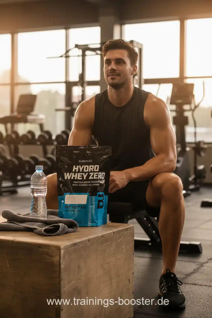 Muskulöser Mann im Fitnessstudio mit Hydro Whey Zero Proteinpulver und Wasserflasche