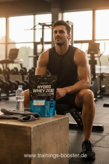 Muskulöser Mann im Fitnessstudio mit Hydro Whey Zero Proteinpulver und Wasserflasche