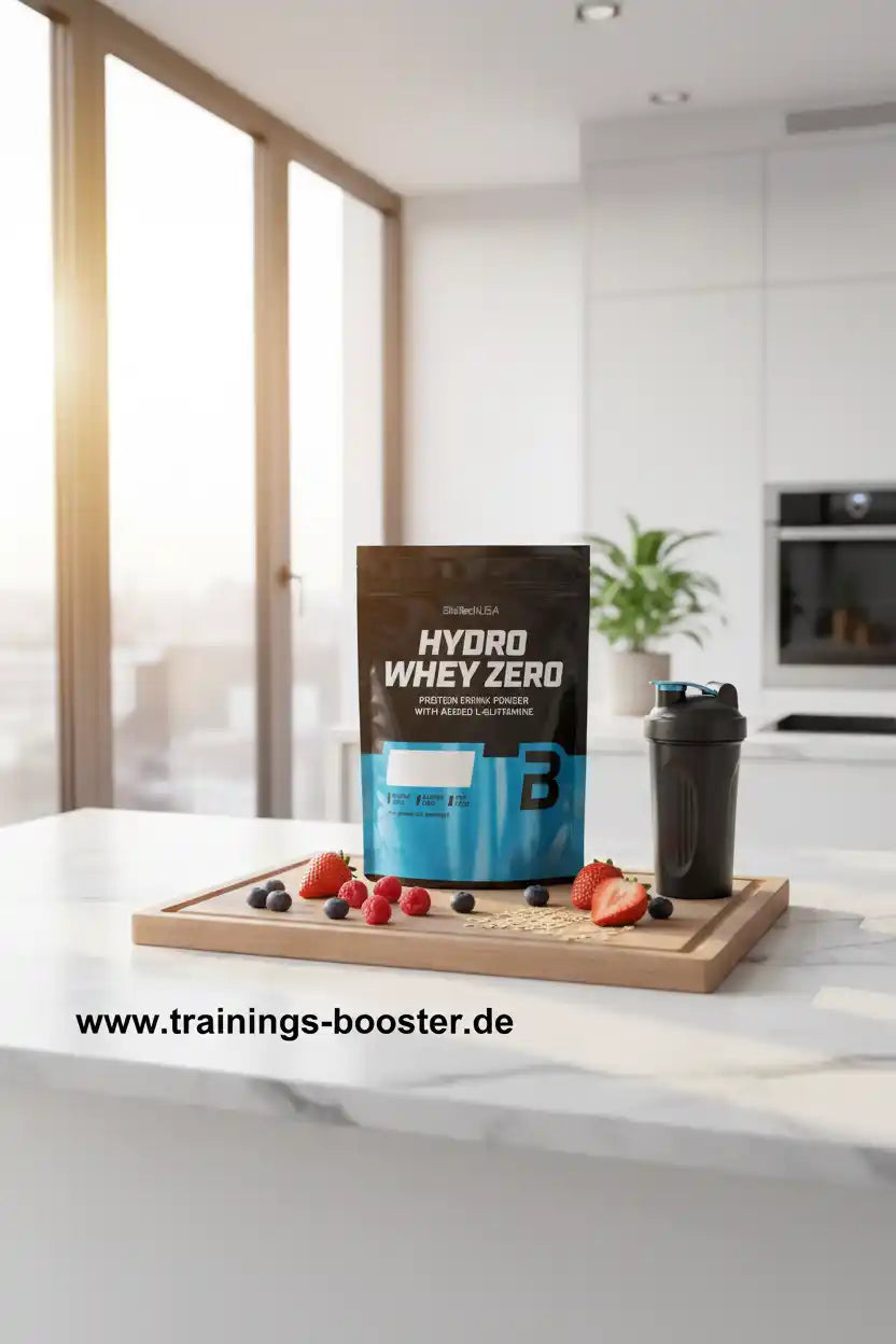 Hydro Whey Zero Proteinpulver mit Beeren & Shaker auf Küchenarbeitsplatte