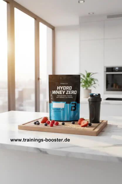 Hydro Whey Zero Proteinpulver mit Beeren & Shaker auf Küchenarbeitsplatte