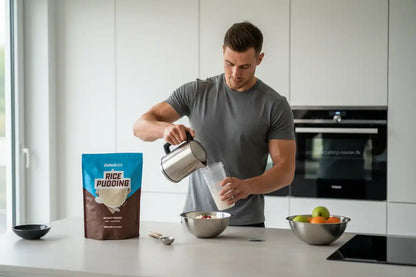 Mann bereitet Reispudding mit Sportnahrung zu, ideal für Fitness und Ernährung
