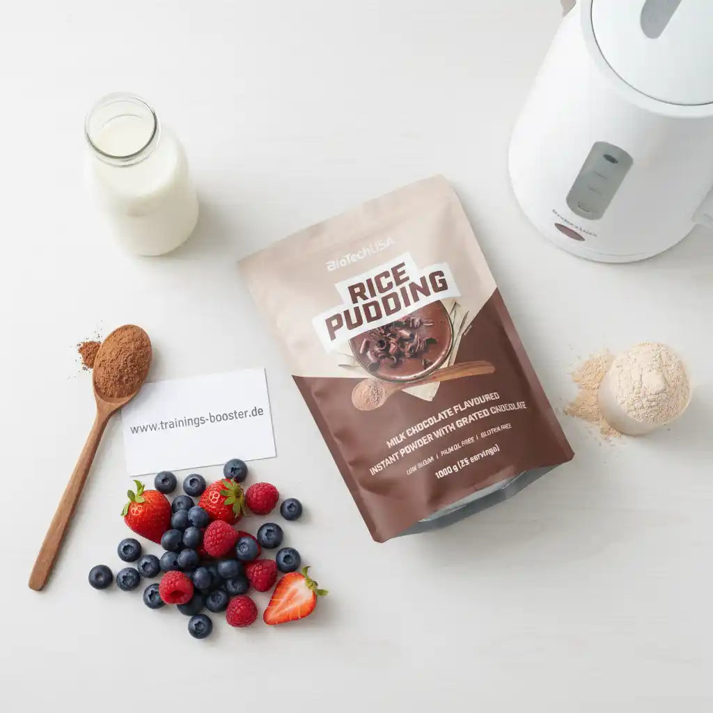 BioTech USA Reispudding Pulver Schokolade mit Beeren und Milch, ideal als Sportnahrung oder Booster