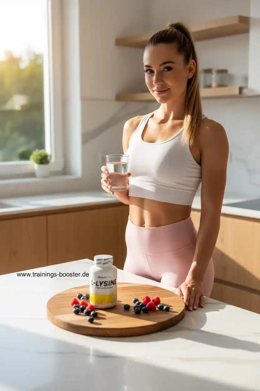Frau mit L-Lysin Nahrungsergänzungsmittel, Beeren und Wasser in der Küche – Sportnahrung & Booster