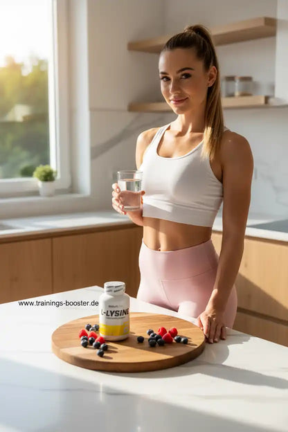 Frau mit L-Lysin Nahrungsergänzungsmittel, Beeren und Wasser in der Küche – Sportnahrung & Booster