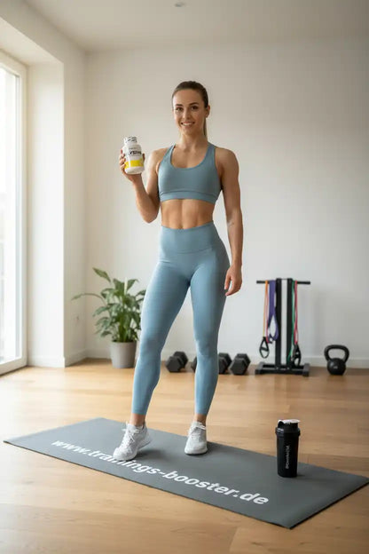 Frau mit Fitness-Booster-Flasche auf Yogamatte, Sportnahrung für Training & Muskelaufbau