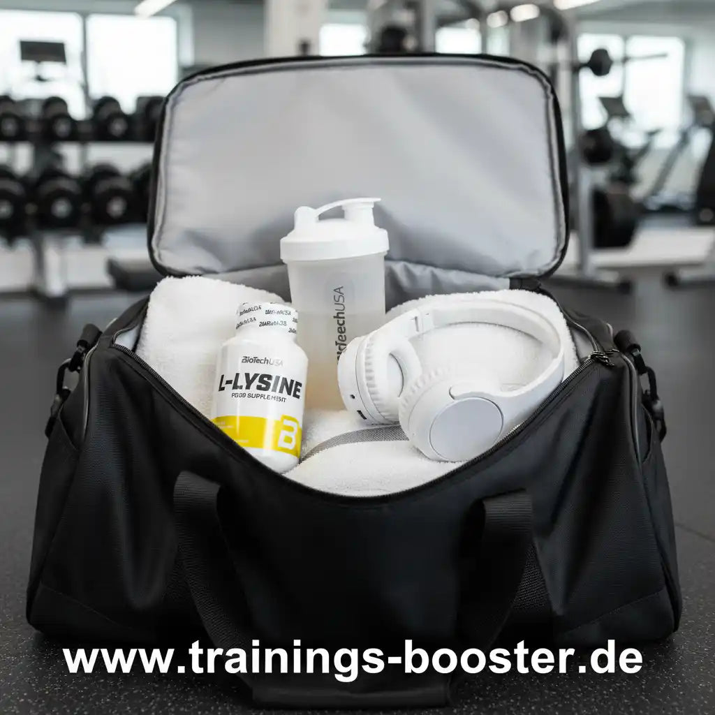 Fitness-Tasche mit L-Lysin, Shaker und Kopfhörern im Gym – ideal für Training & Booster