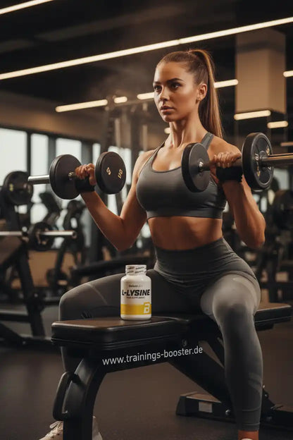 Frau mit Hanteln im Fitnessstudio, L-Lysin Nahrungsergänzungsmittel auf Bank