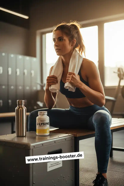 Frau im Fitnessstudio mit L-Lysin Nahrungsergänzungsmittel und Trinkflasche