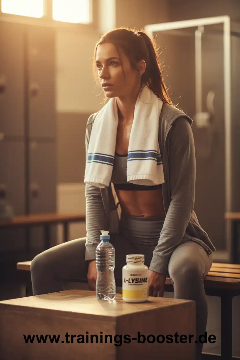Frau im Fitnessstudio mit L-Lysine-Booster und Wasserflasche, ideal für Sport und Training