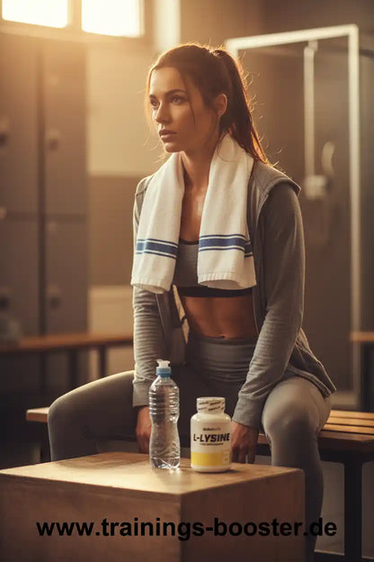 Frau im Fitnessstudio mit L-Lysine-Booster und Wasserflasche, ideal für Sport und Training