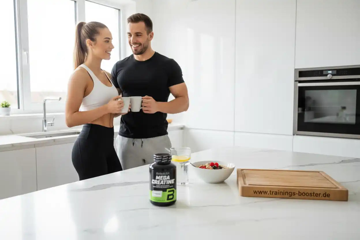 Paar mit Kaffeetassen und Mega Creatine in moderner Küche