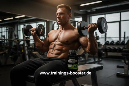 Muskulöser Mann mit Hanteln im Fitnessstudio, neben Mega Creatine Booster für Krafttraining und Muskelaufbau