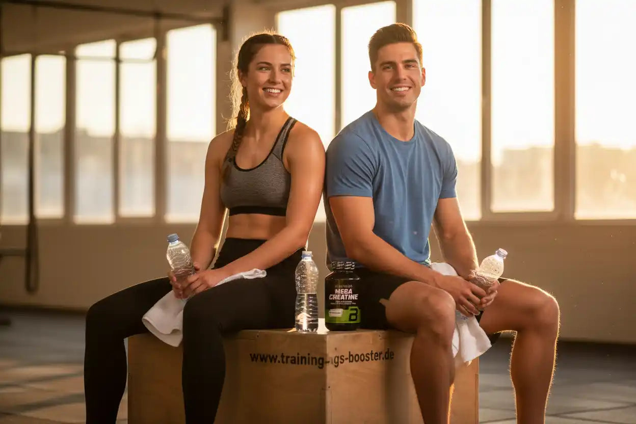 Sportler mit Kreatin-Booster und Wasserflaschen im Fitnessstudio