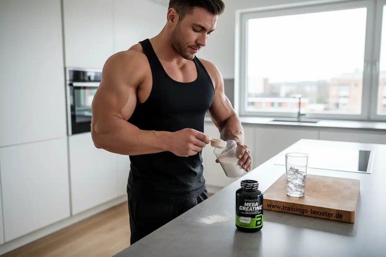 Muskulöser Mann bereitet Kreatin-Booster in der Küche zu – ideal für Sport und Training
