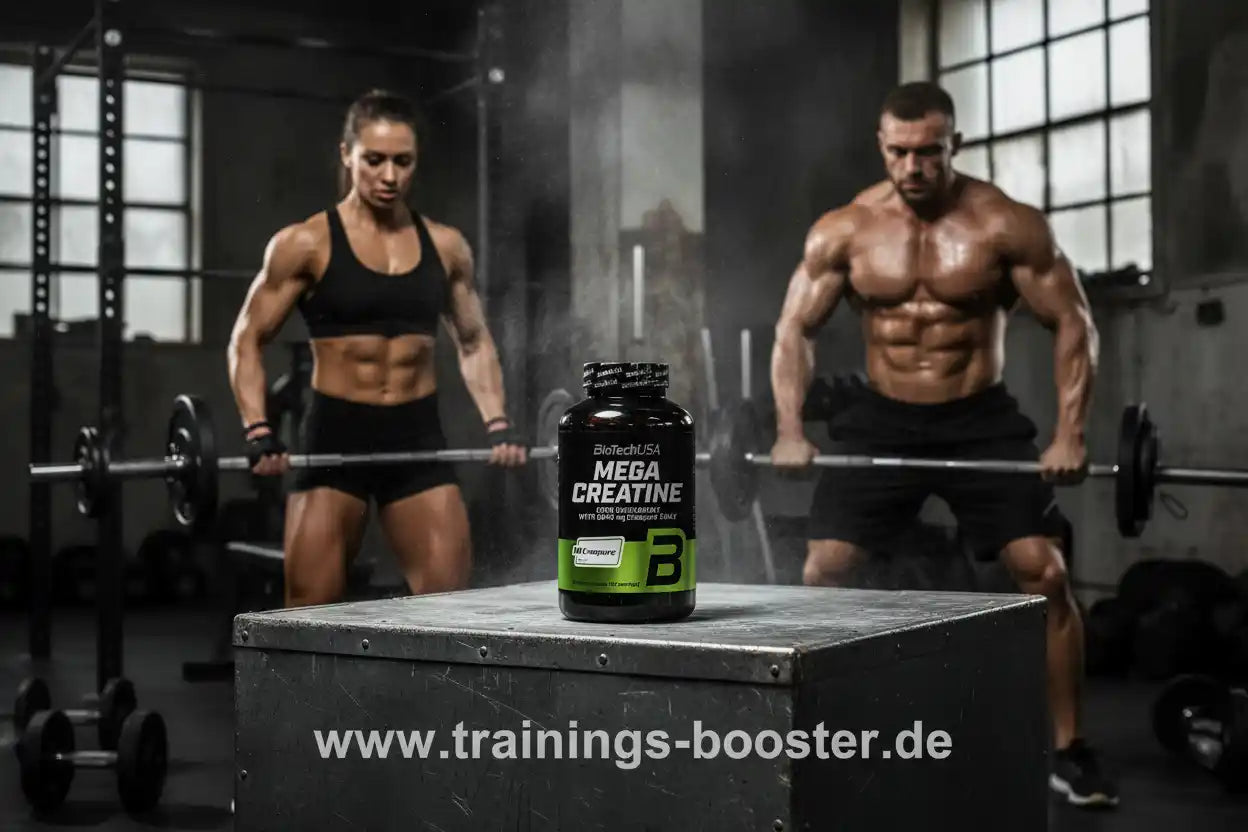 Mega Creatine von BioTechUSA – Sportnahrung für Krafttraining mit muskulärem Paar im Gym