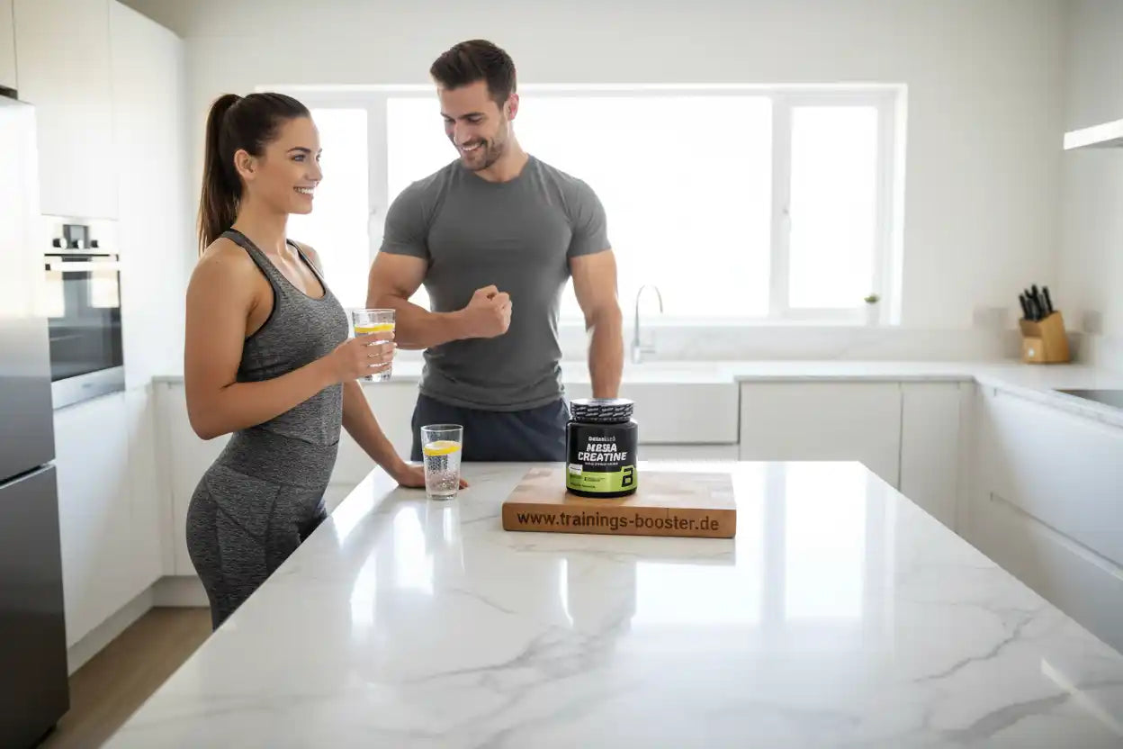 Paar in Sportkleidung mit Mega Creatine Booster in moderner Küche, ideal für Fitness und Training