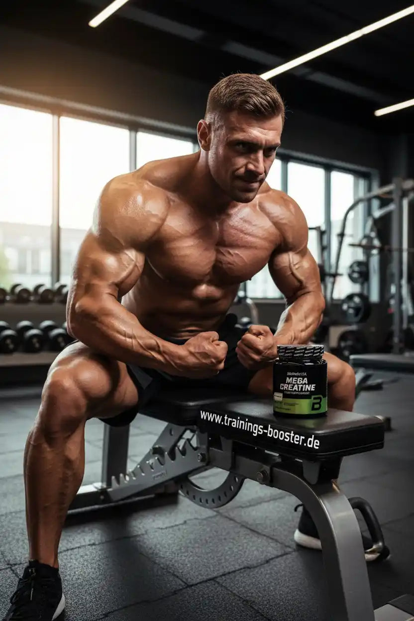 Muskulöser Mann im Fitnessstudio mit Mega Creatine Booster für Muskelaufbau und Training