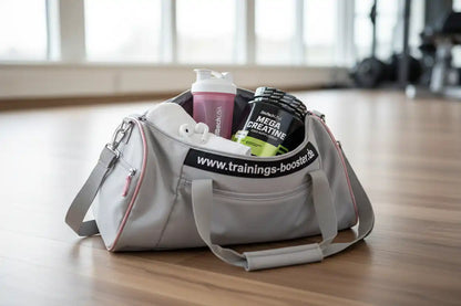 Fitness-Tasche mit Mega Creatine, Shaker und Kopfhörern im Gym – ideal für Training und Sportnahrung