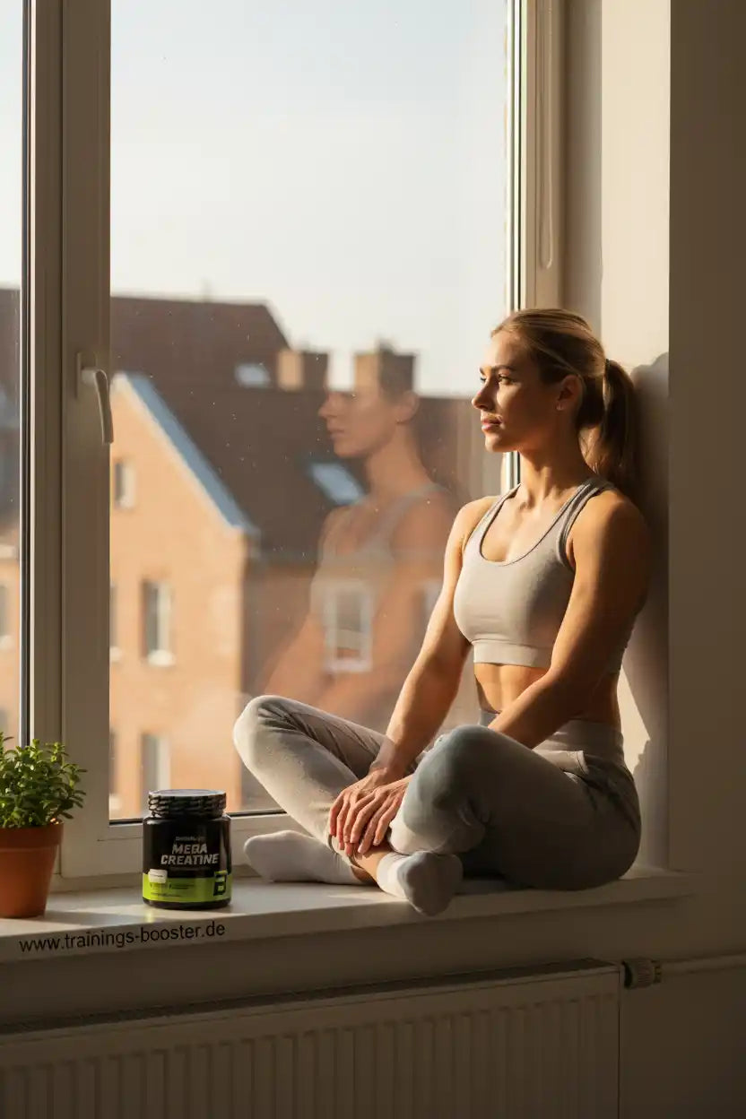 Frau im Sportoutfit sitzt am Fenster mit Mega Creatine Dose – Fitness & Training Booster