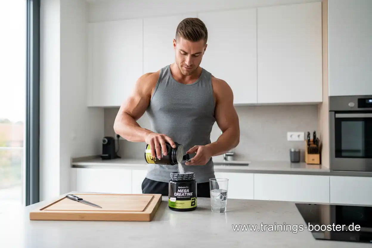 Muskulöser Mann gießt Kreatin-Pulver in Shaker – ideal für Sportler und Fitness-Training