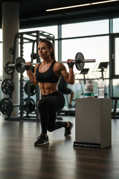 Frau beim Krafttraining mit Langhantel im Fitnessstudio, neben Nahrungsergänzungsmittel und Wasser