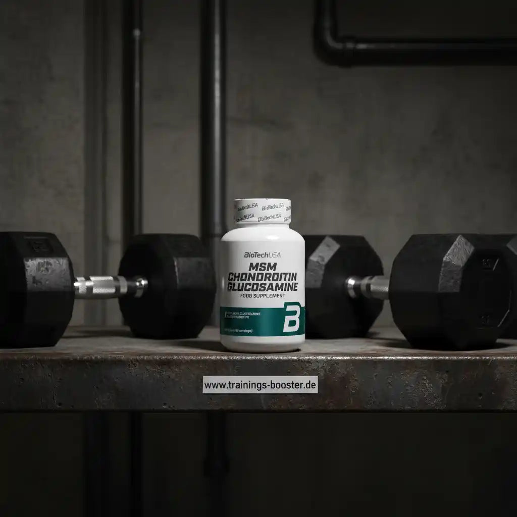 MSM Chondroitin Glucosamin Nahrungsergänzungsmittel für Sportler mit Hanteln im Fitnessstudio