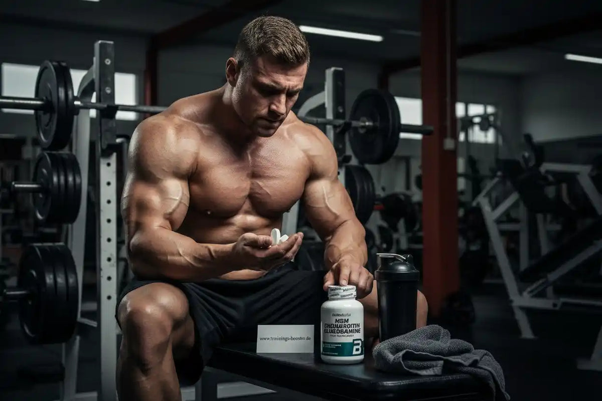 Muskulöser Athlet nimmt Nahrungsergänzungsmittel vor Training, MSM, L-Arginin, BCAA, Fatburner, Booster