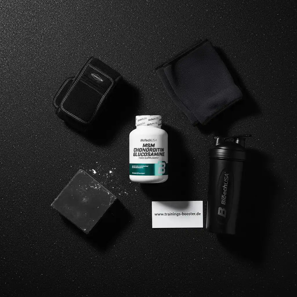 MSM Chondroitin Glucosamin Sportnahrung mit Shaker und Trainingszubehör auf schwarzem Hintergrund