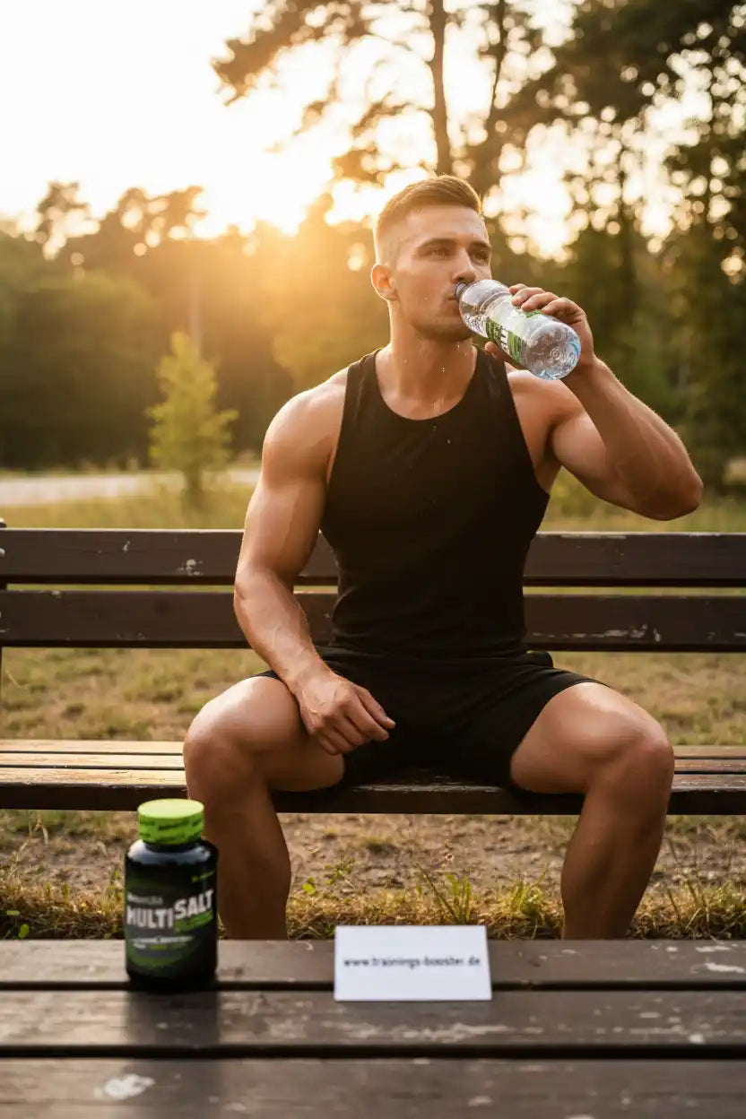 Muskulöser Mann trinkt Wasser, neben ihm MultiSalt-Booster für Sport und Fitness
