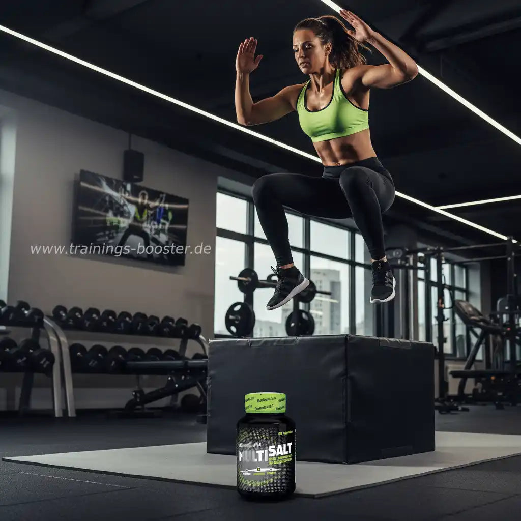 Frau beim Boxspringen im Fitnessstudio mit Multisalt-Booster
