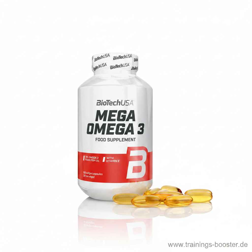 BiotechUSA Mega Omega 3 Nahrungsergänzungsmittel Flasche mit goldfarbenen Kapseln