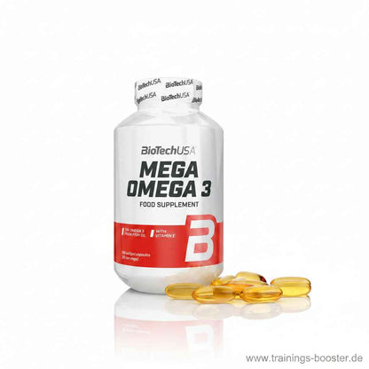 BiotechUSA Mega Omega 3 Nahrungsergänzungsmittel Flasche mit goldfarbenen Kapseln