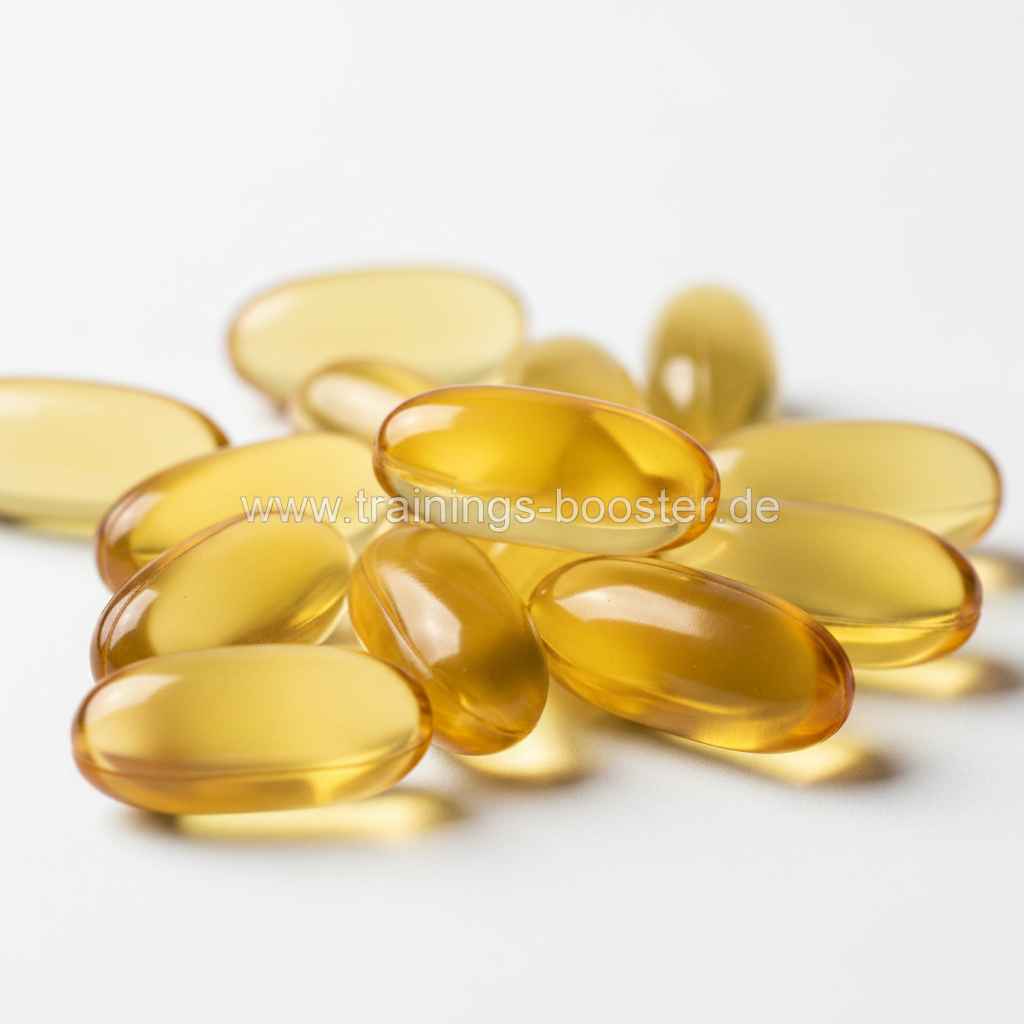 Goldgelbe Omega-3 Fischöl Kapseln als Nahrungsergänzungsmittel auf weißem Hintergrund